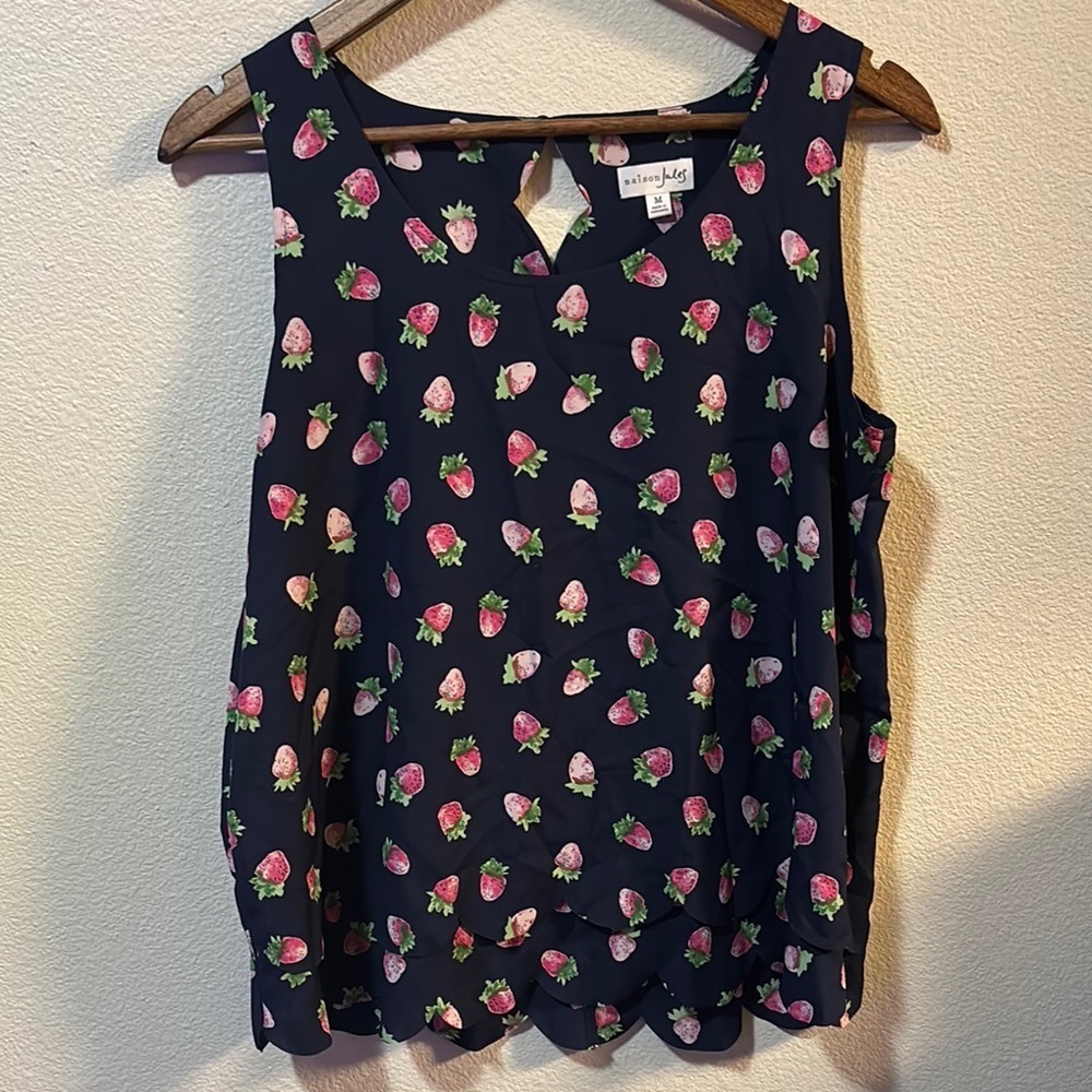 Maison Jules Dark Blue Strawberry Scalloped Sleeveless Blouse